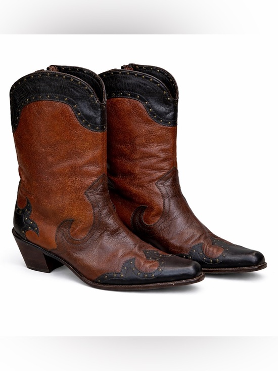 Stuart Weitzman Shoes - Vintage Stuart Weitzman Western Cowboy Boots Tri-Tone Leather Studded 8.5